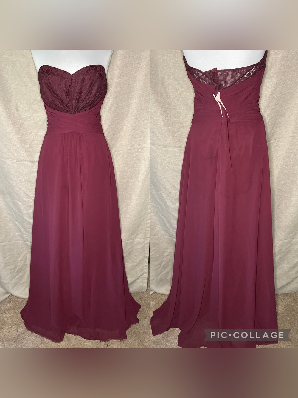 Elegant Strapless Lace Bodice Evening Gown in Burgundy